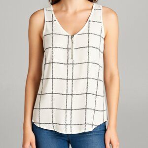 Express Sleeveless Zip-Front Grid Print Top